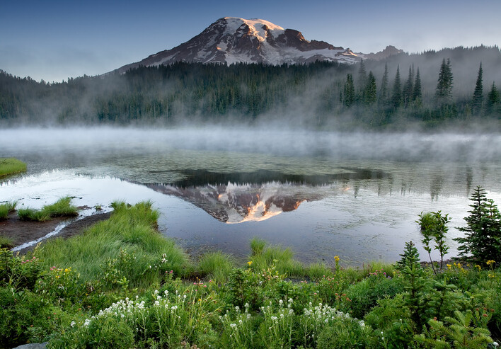 Mount Rainier with Fog from Reflection Lakes